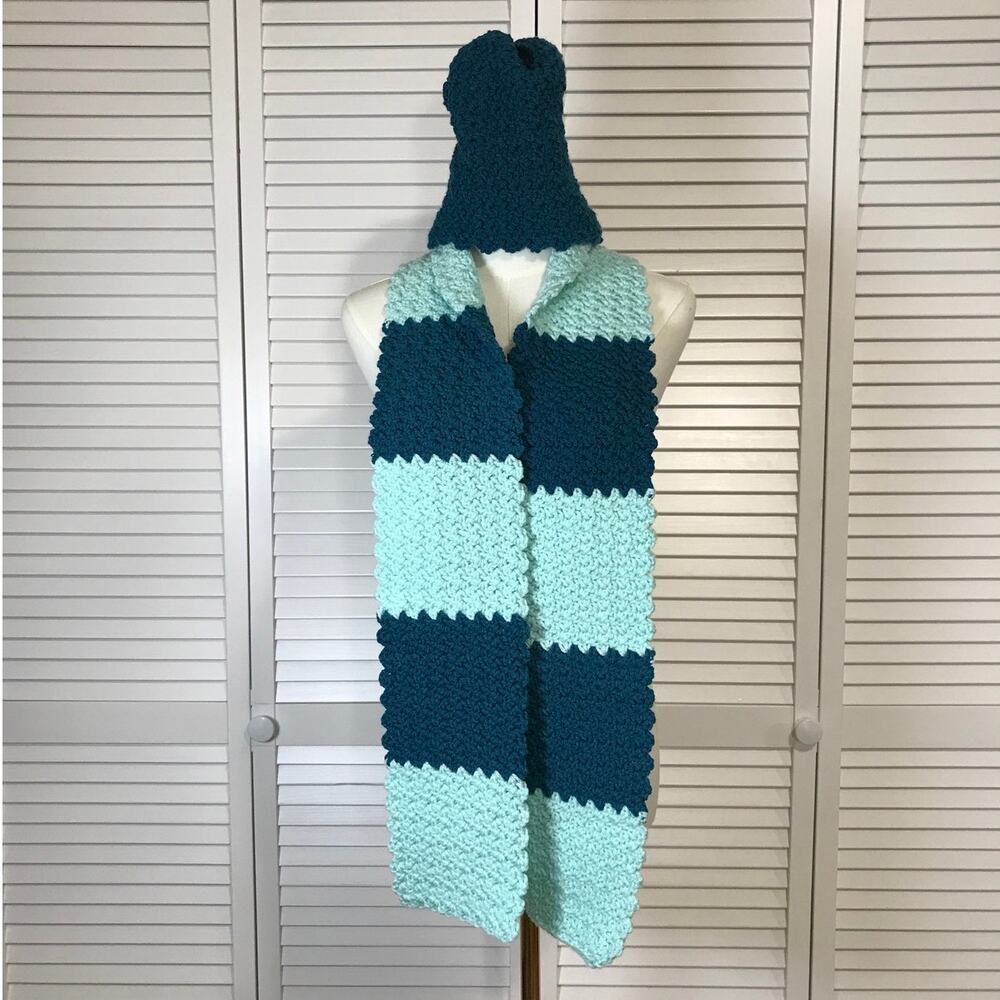 NWT Boho Handmade Crochet Textured Teal/Green Scarf 65” & Teal Beanie